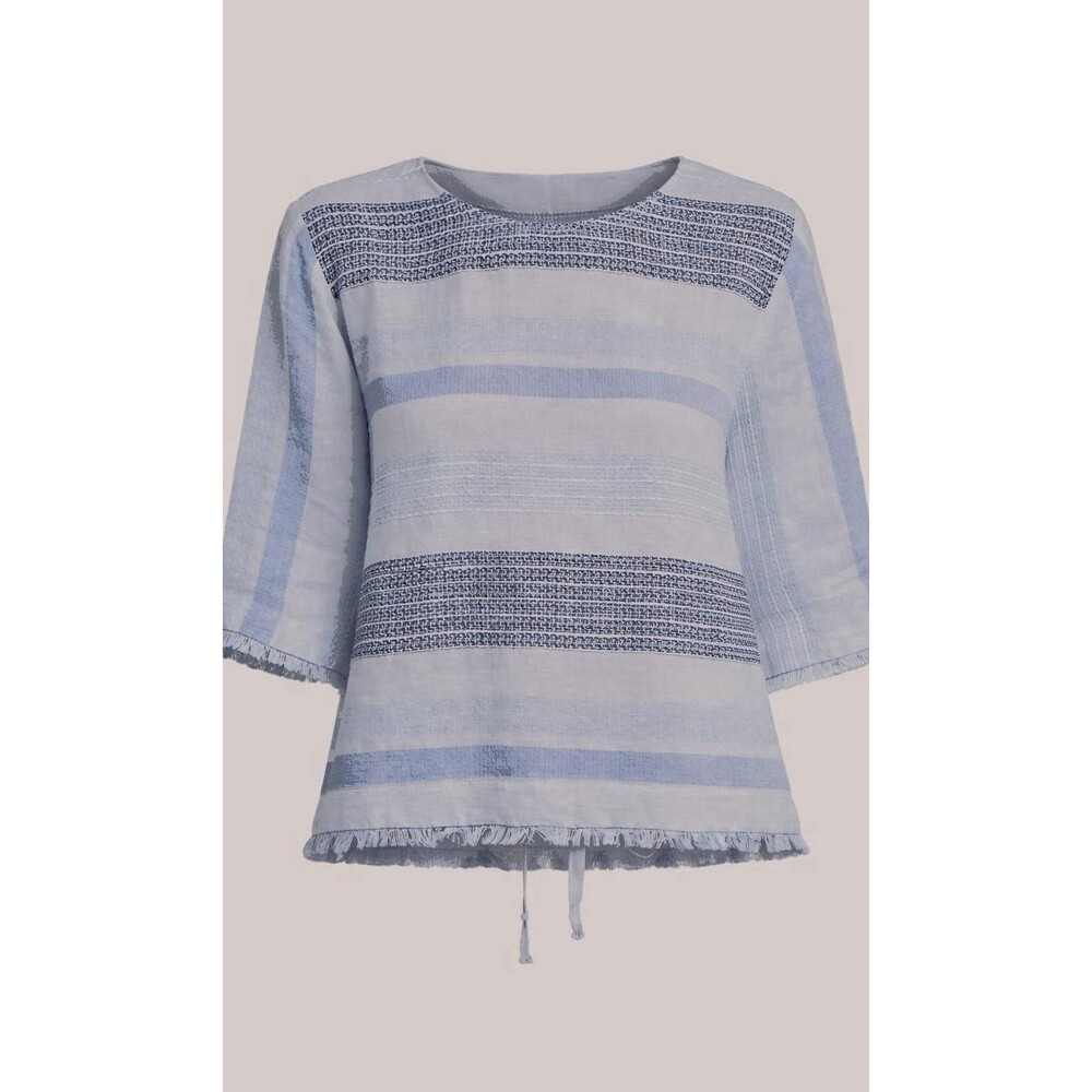Anthro Cloth & Stone Womens Large Blue Linen Blouse Stripe Frayed Hem